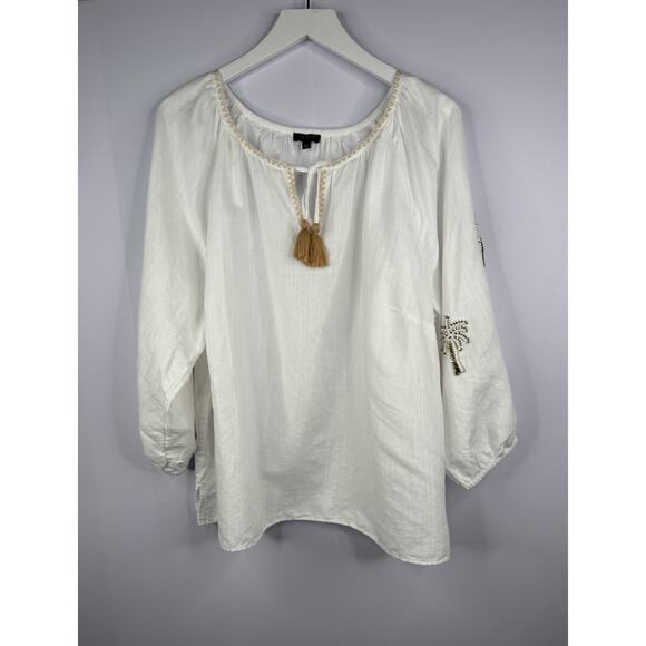 Talbots Palm Embellished Linen Popover Top Sz 2XP Resortwear Vacation Beach - Picture 1 of 13